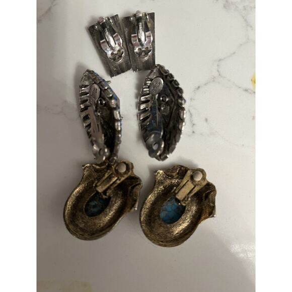 Vintage Lot 3 Pairs Statement Earrings Clip Thelma Deutsch, 2 Turquoise - Picture 2 of 2